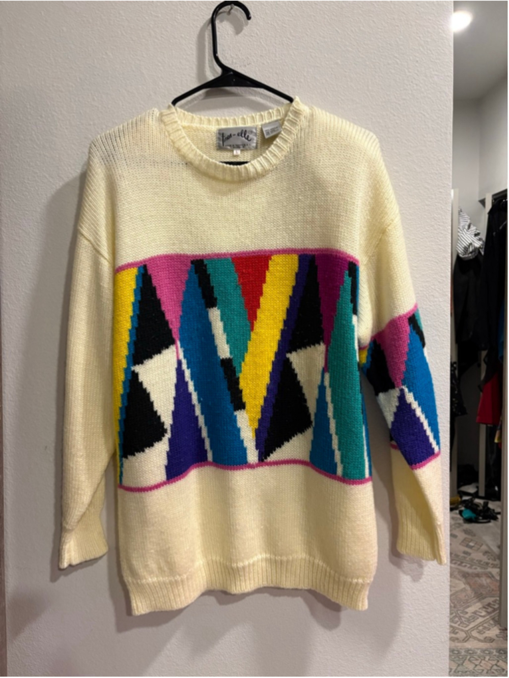Vintage Tres‑Elle 80s Cream Geometric Colorblock Knit Sweater Size L